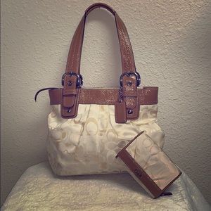 Coach White, cream, tan leather tote and wallet